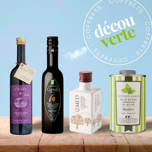 Quatre huiles d'olive différentes : une fruité mûr, une fruité noir, un fruié vert et une aromatisée