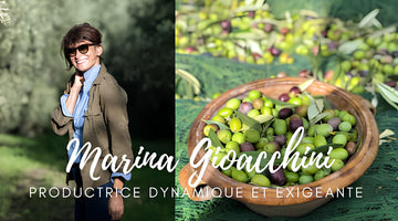 Marina Gioacchini, productrice dans son oliveraie. Olives dans un panier