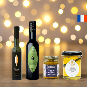 Coffret Made In France incluant huile d'olive vierge maturée du Château de Panisse en 20CL, huile d'olive vierge aromatisée du Moulin Castelas en 25CL, un tartinable de Parenthèse Gourmande et un miel d'acaia et vanille de Tahiti en 250G