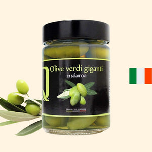 Olives vertes géantes Quattrociocchi, dans la saumur et pot en verre,origine Italie, 580G