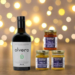 pack cadeau bouteille d'huile d'olive Olvero fruité vert intense et un tartinable
