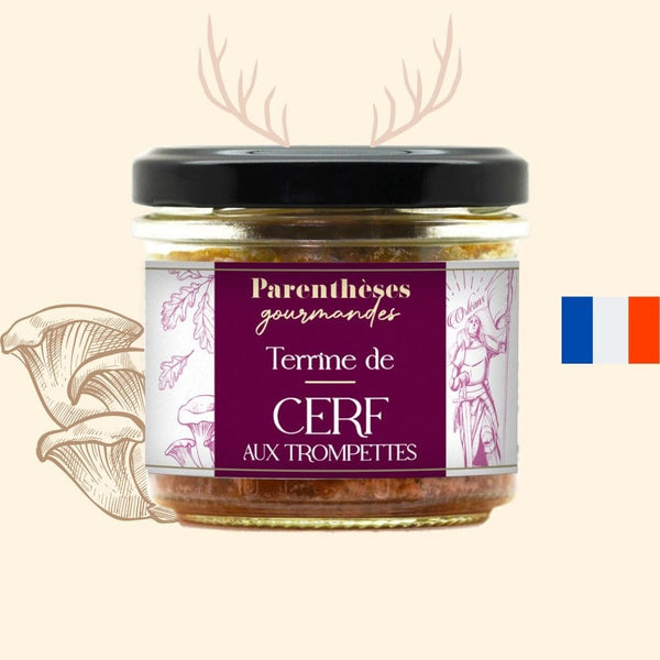 Terrine de cerf aux trompettes 90g  - Parenthèses Gourmandes - Origine France, epicerie fine, terrine, tartinable, apéro, aperitif, cerf, trompettes, champignons