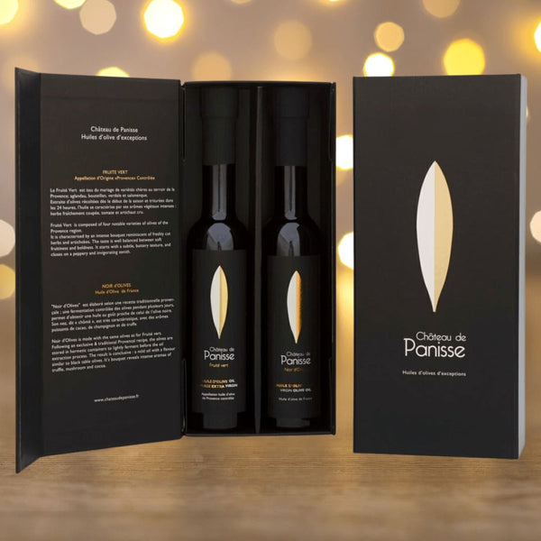 Coffret de deux huiles d'olive vierge extra de provence AOP : un fruité noir et un fruité vert