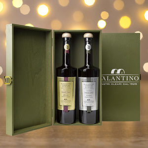 Beau coffret vert en bois de deux huiles d'olive Galantino fruité mûr italien